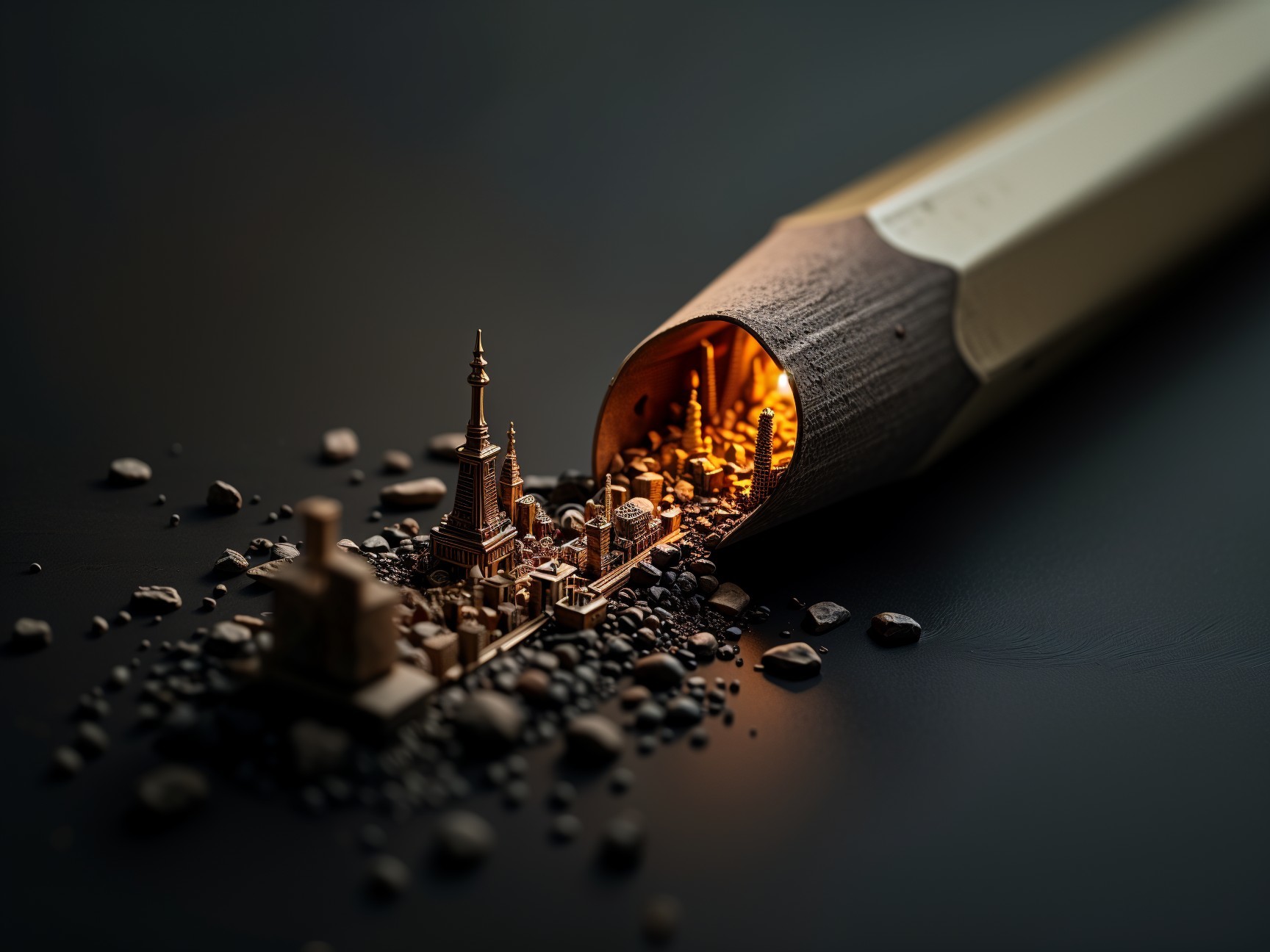 Giant Pencil Spilling Miniature Cityscape and Pebbles