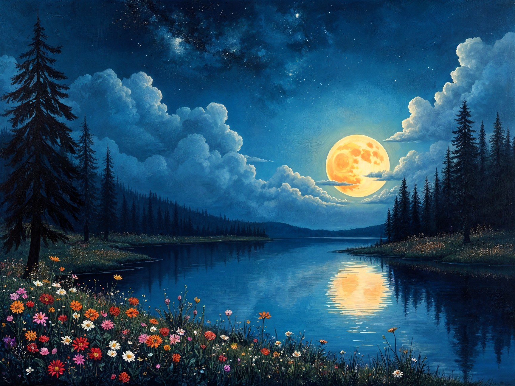 Serene Night Landscape with Full Moon and Calm Lake