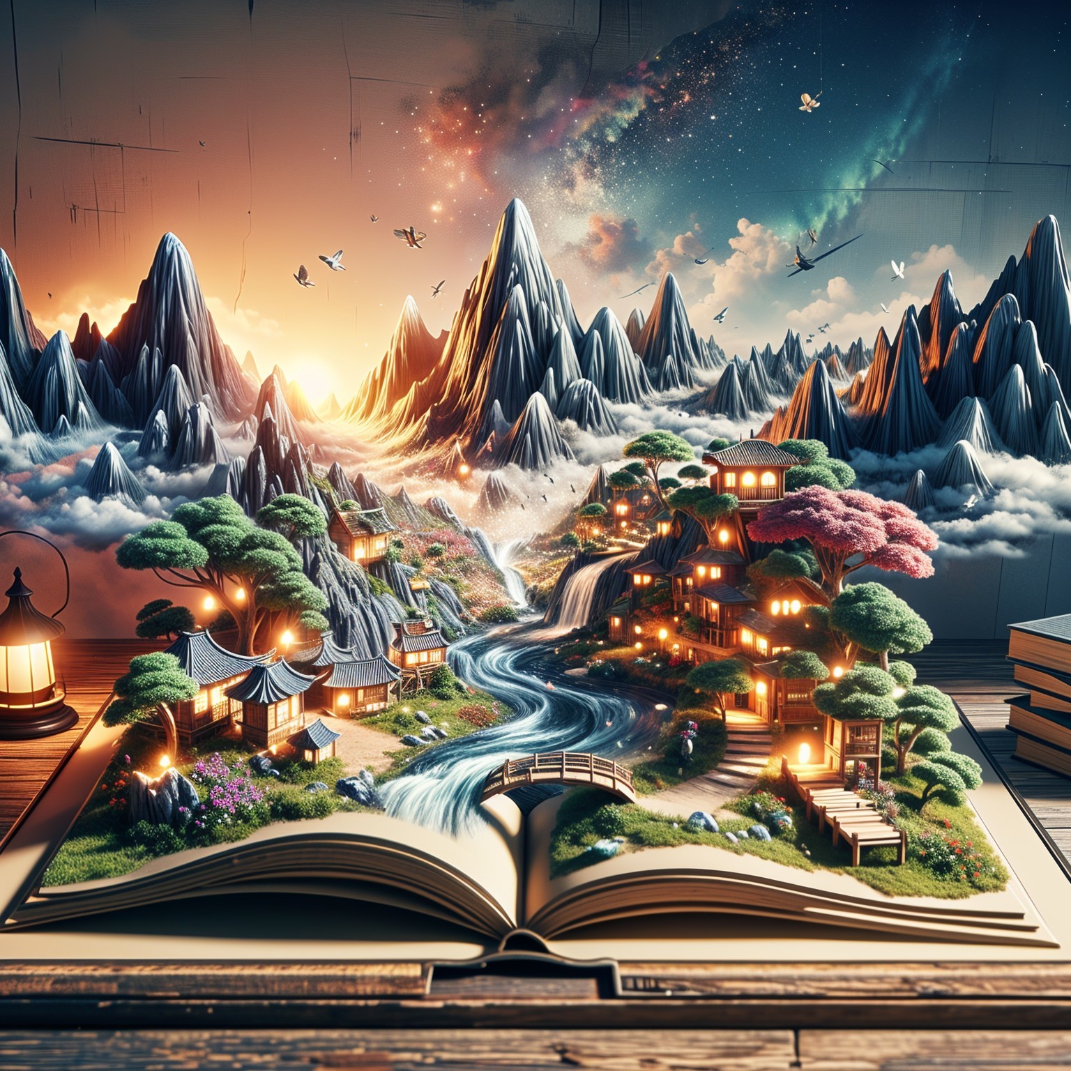 3D Landscape in an Open Book with Vibrant Sky