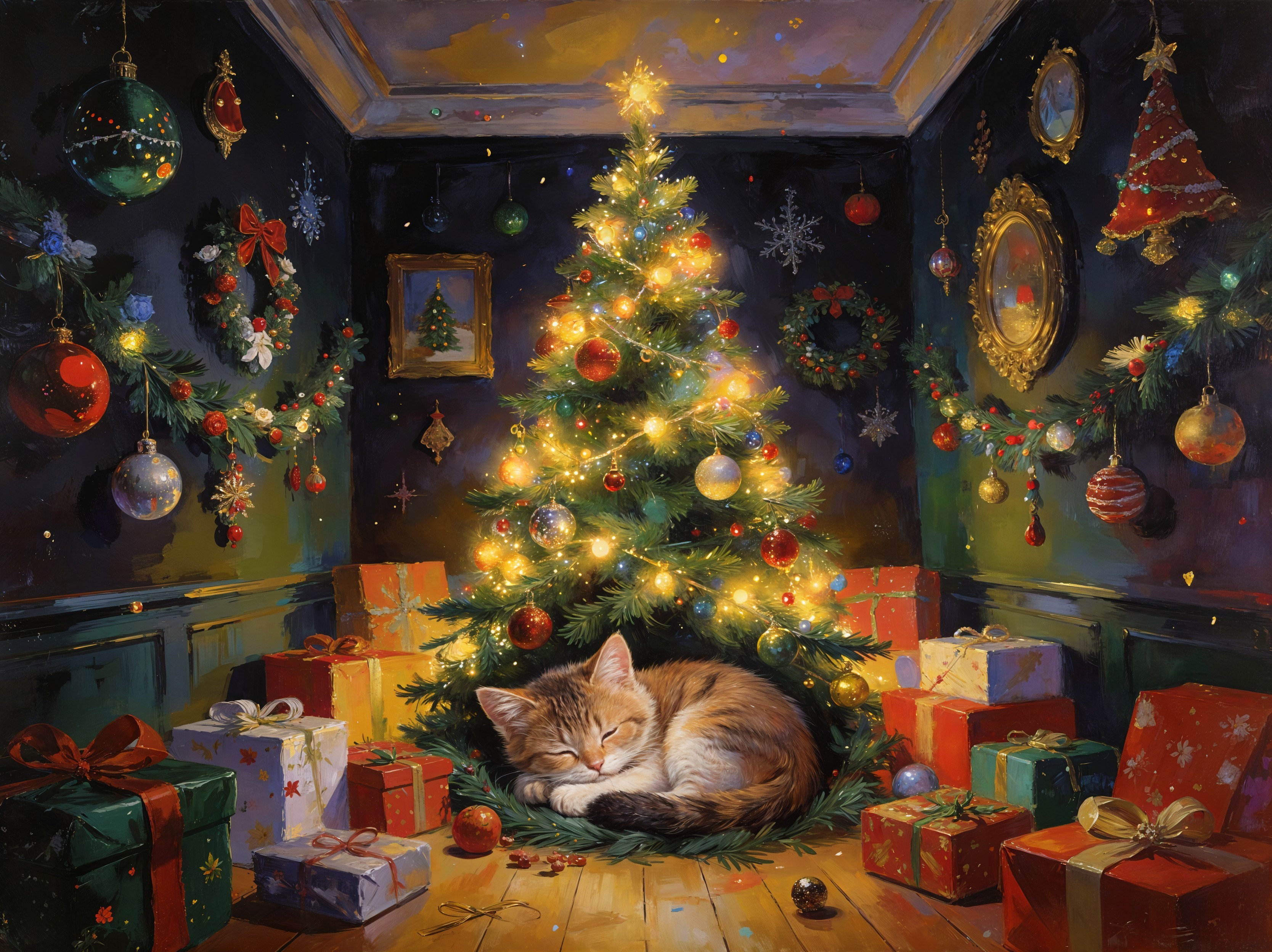 Cozy Christmas Scene with Sleeping Kitten and Tree