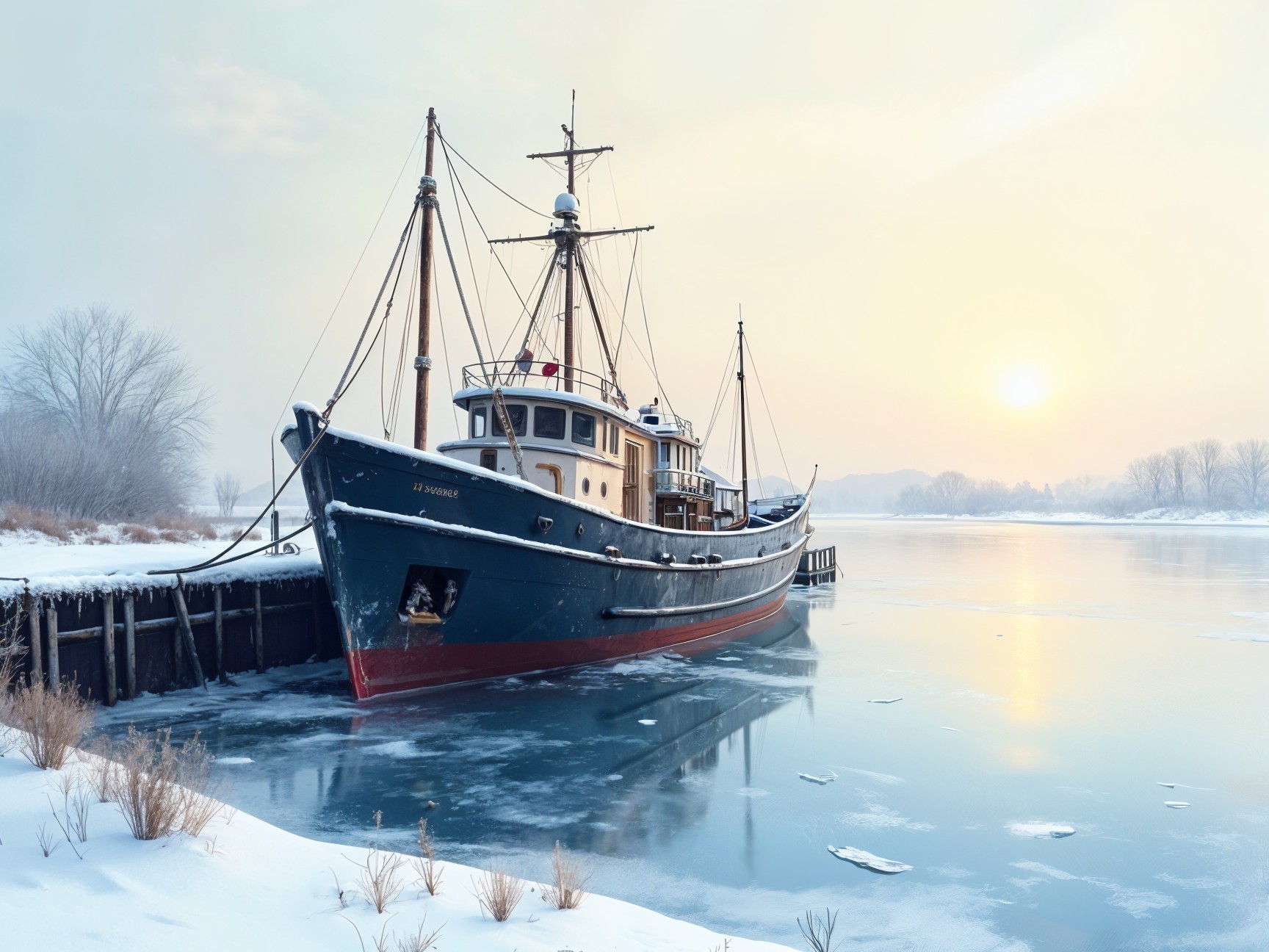Rustic Tugboat Moored in Serene Winter Landscape