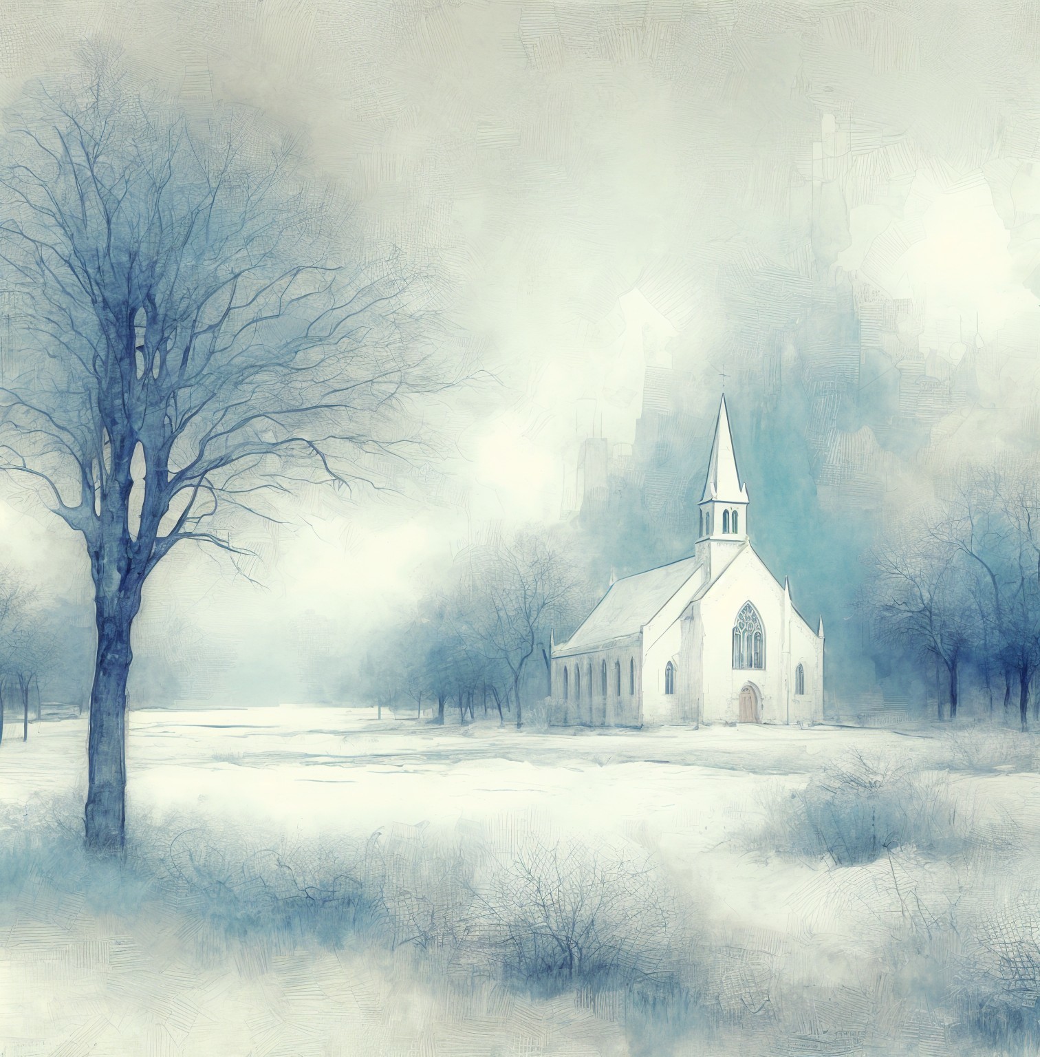 Watercolor Digital Painting of a Snowy Church Scene