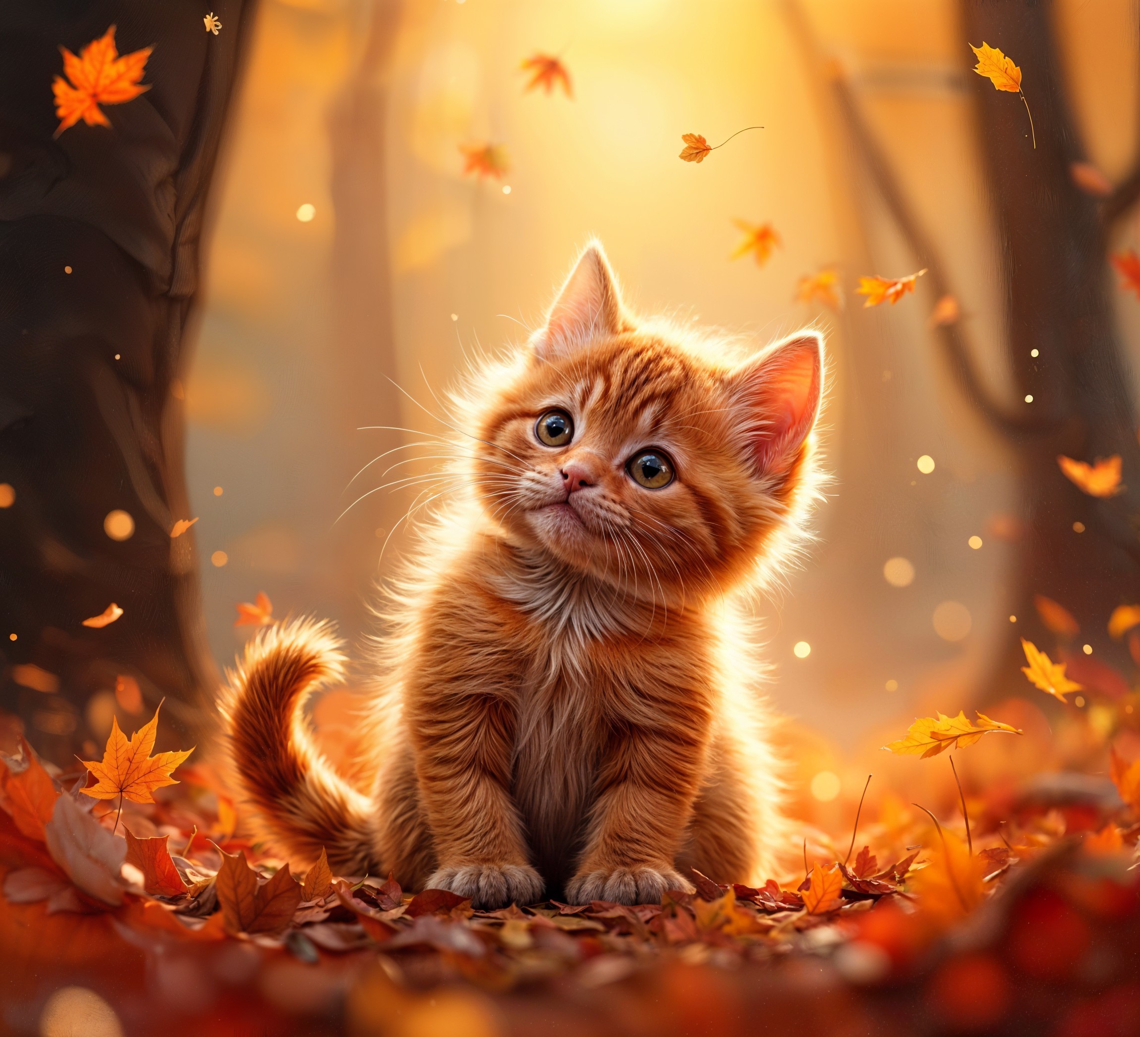 Fluffy Orange Kitten Surrounded by Autumn Leaves