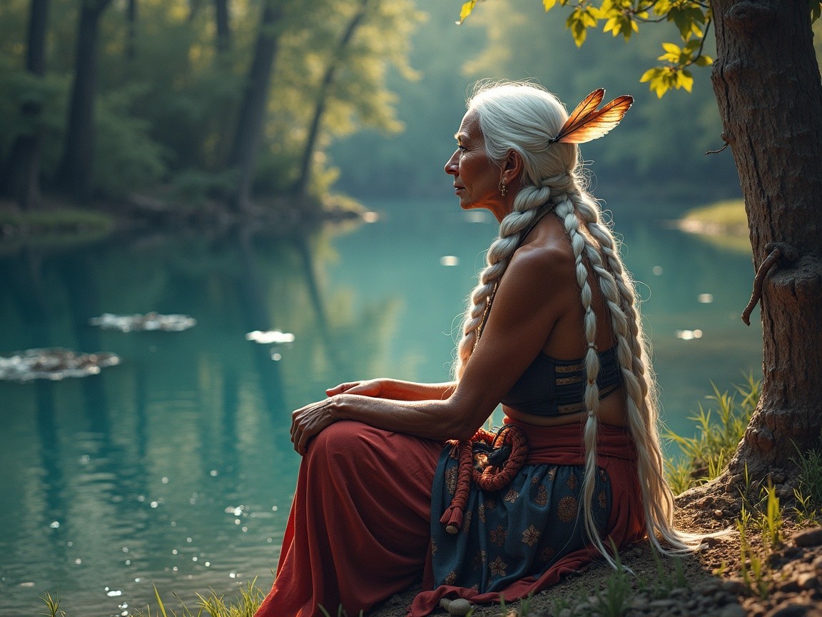 Woman by Tranquil River in Flowing Red Skirt