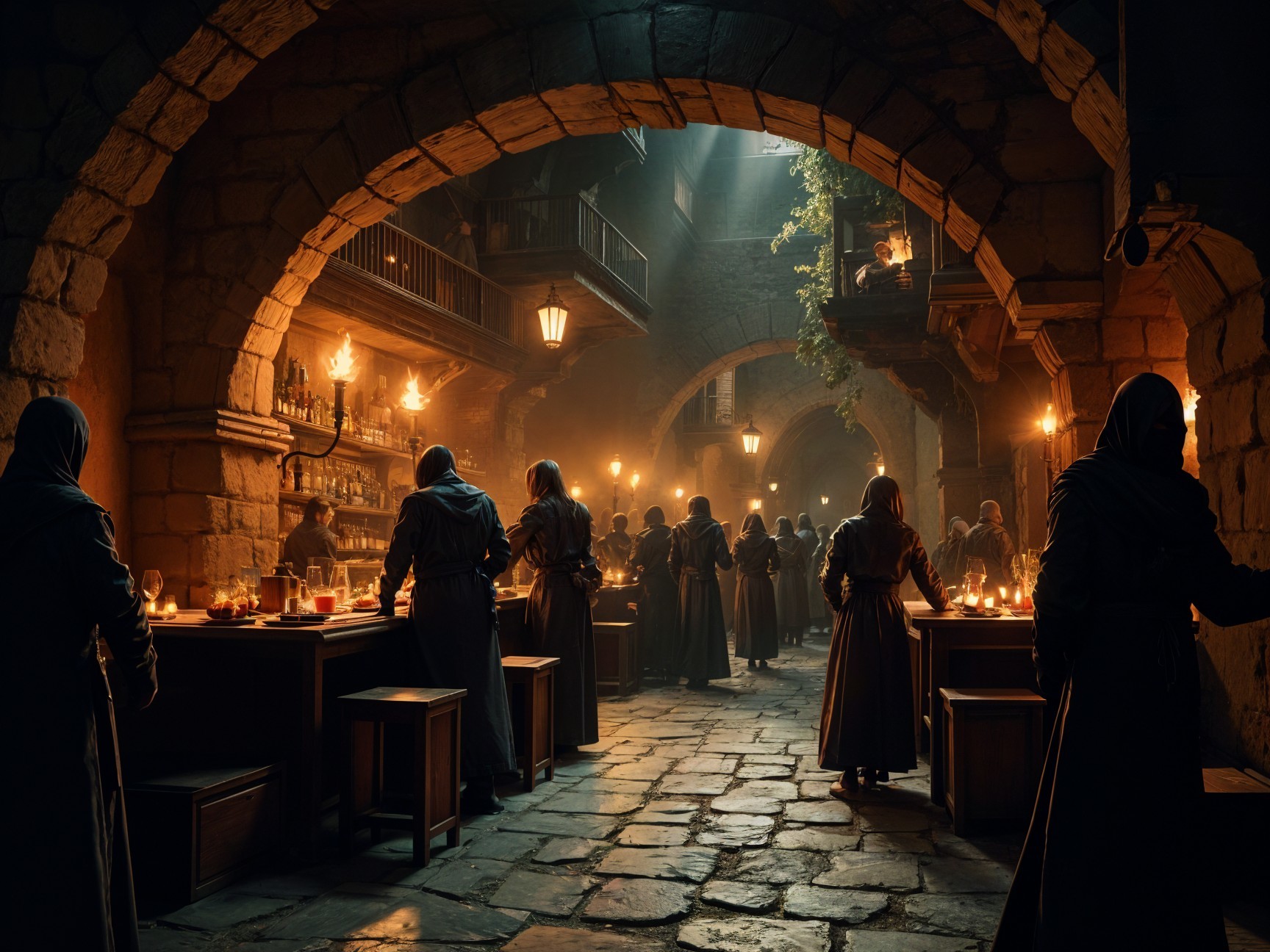 Medieval Tavern Scene with Cloaked Figures and Lanterns