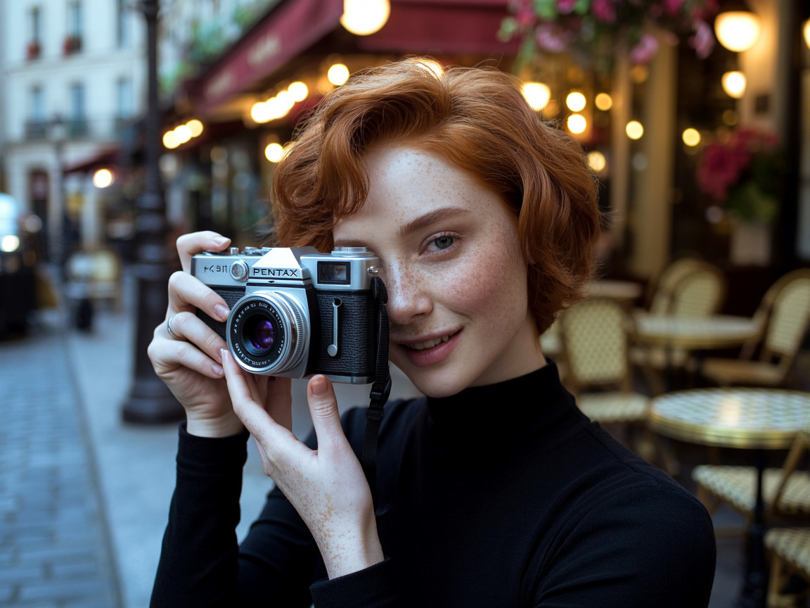 Young woman with red hair and vintage camera outdoors