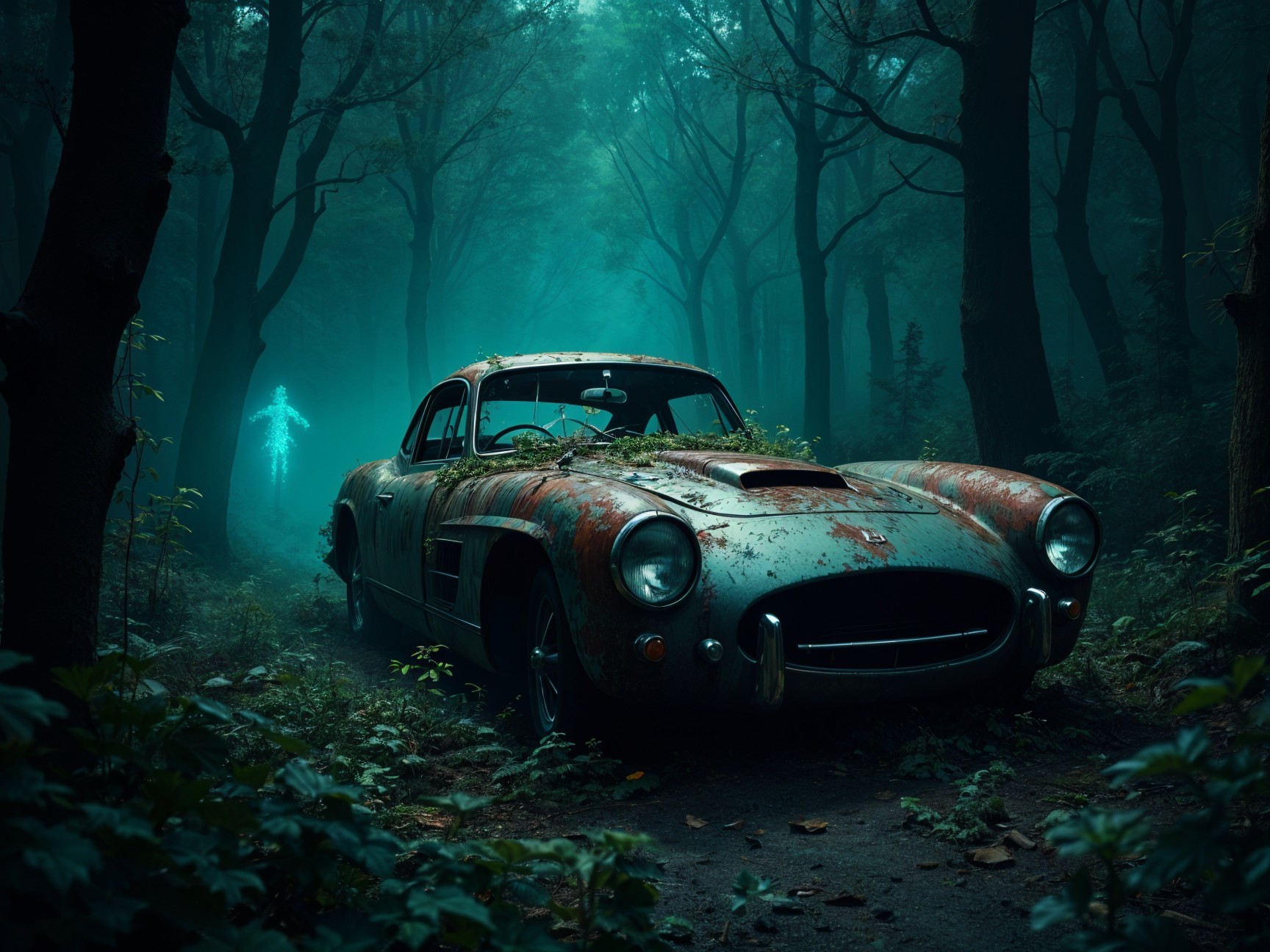 Abandoned Sports Car Surrounded by Misty Forest and Vines