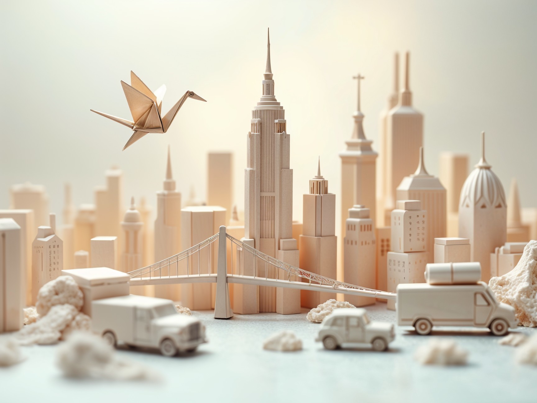 Whimsical Cityscape with Paper Buildings and Origami Crane