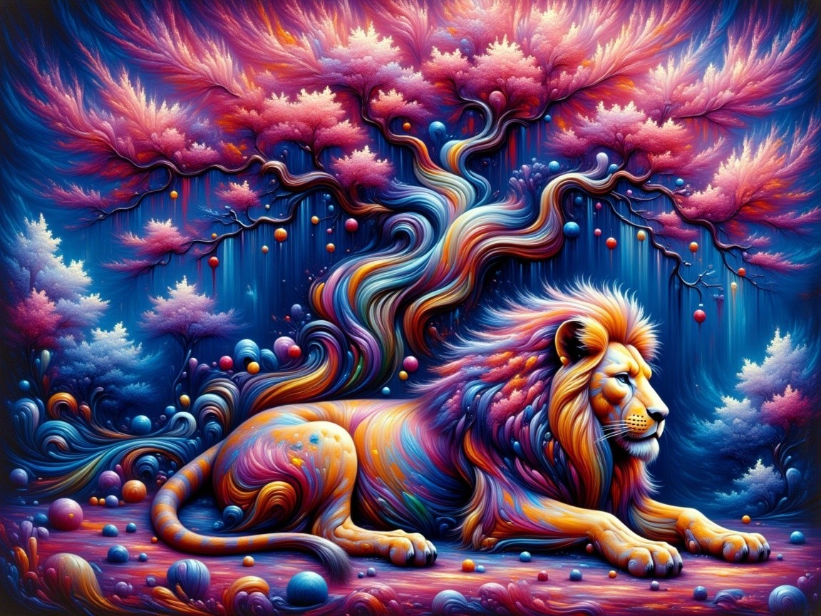 Surreal Lion Under Colorful Tree in Dreamlike Landscape