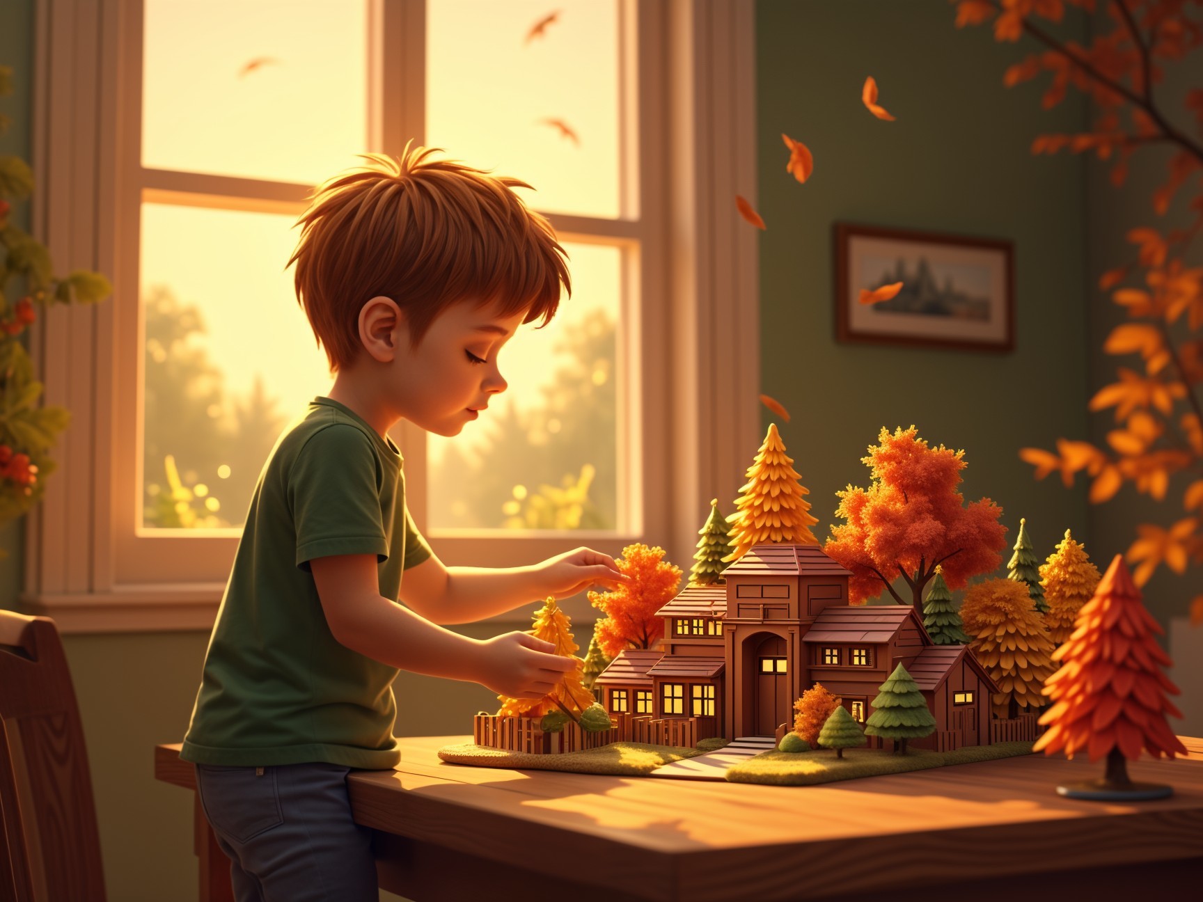 Young boy arranges autumn trees around dollhouse scene