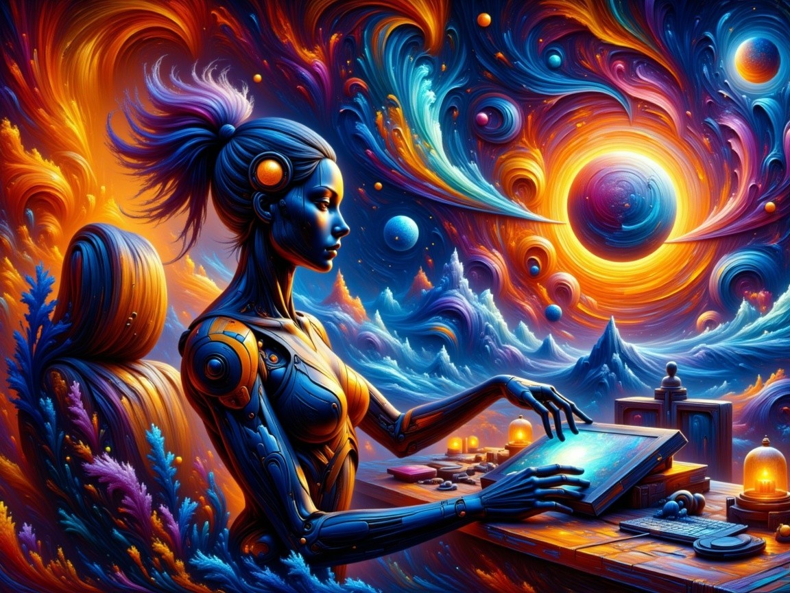 Futuristic humanoid robot in cosmic landscape setting