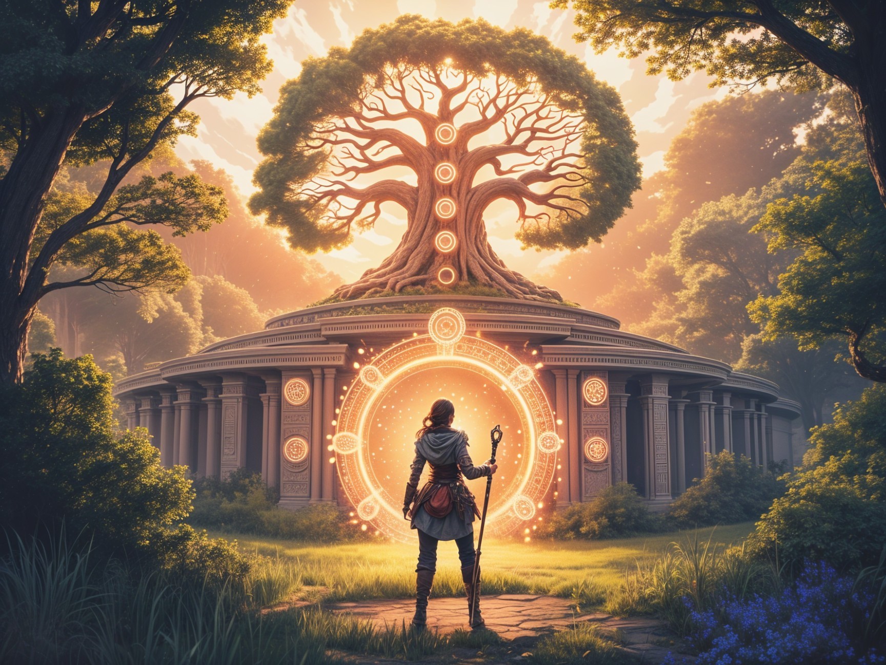 Mystical Figure at Ancient Temple with Luminous Tree