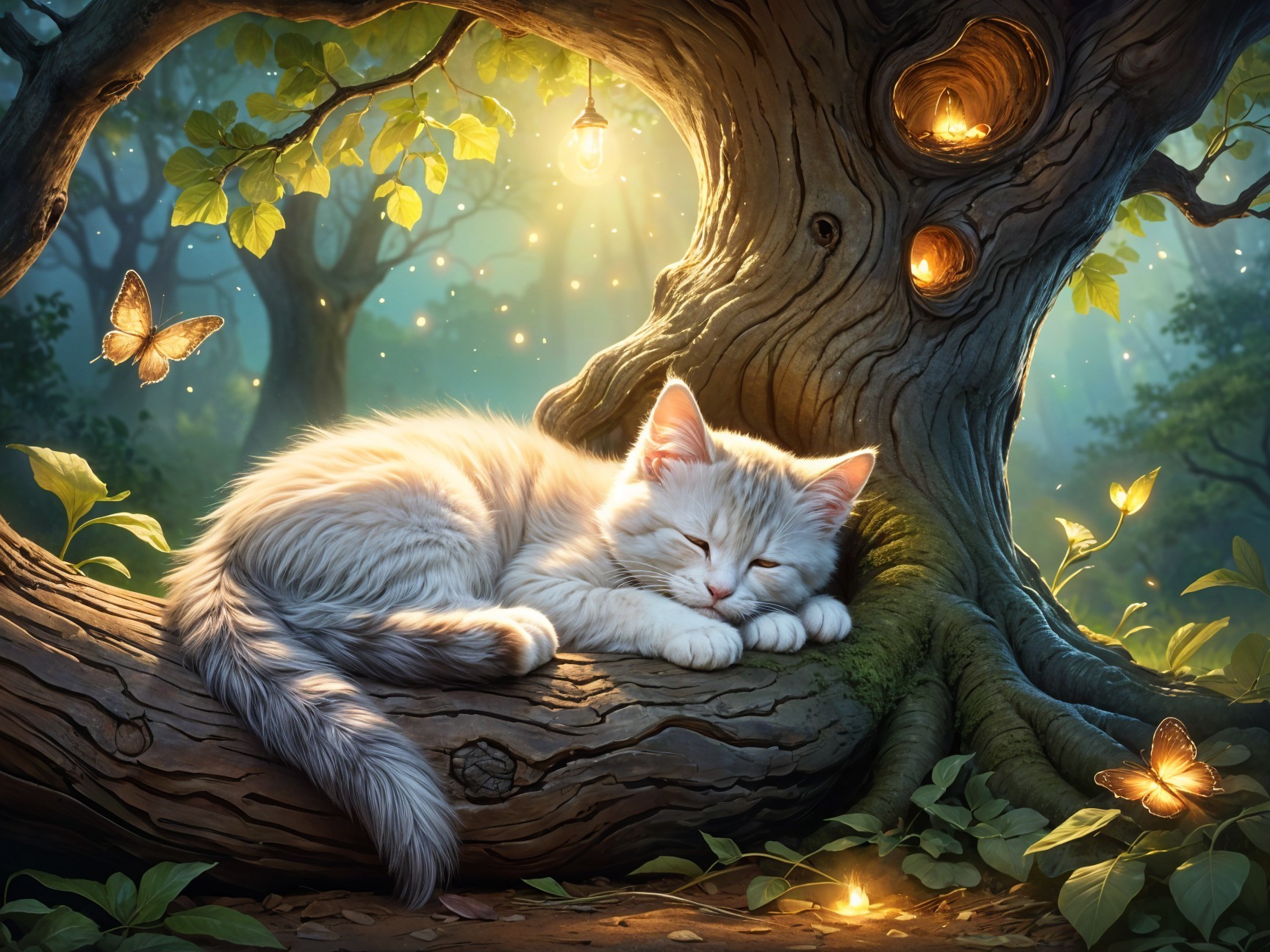 Fluffy White Cat Sleeping in a Forest Glade