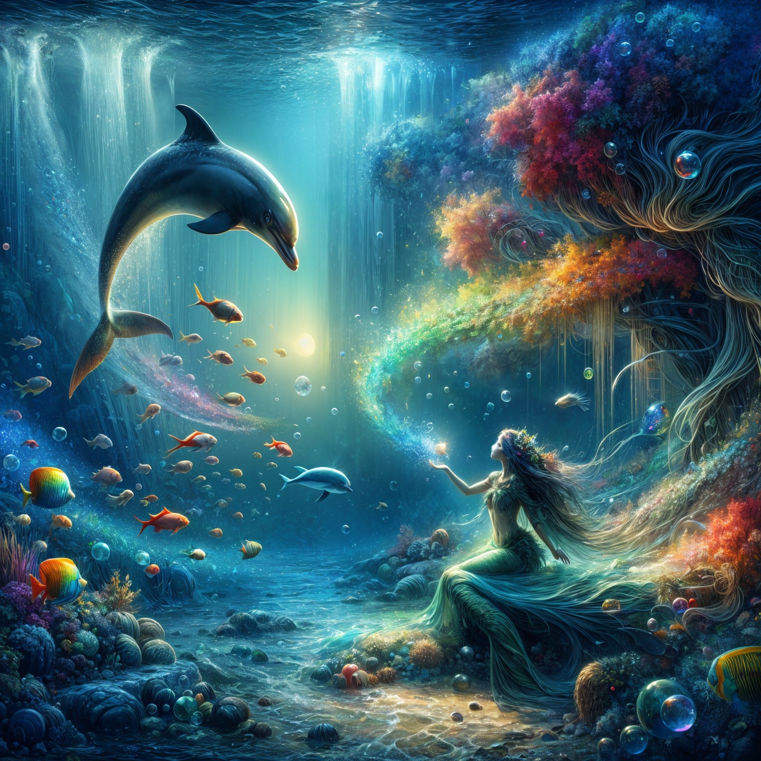 Underwater Scene with Mermaid and Dolphin Interaction