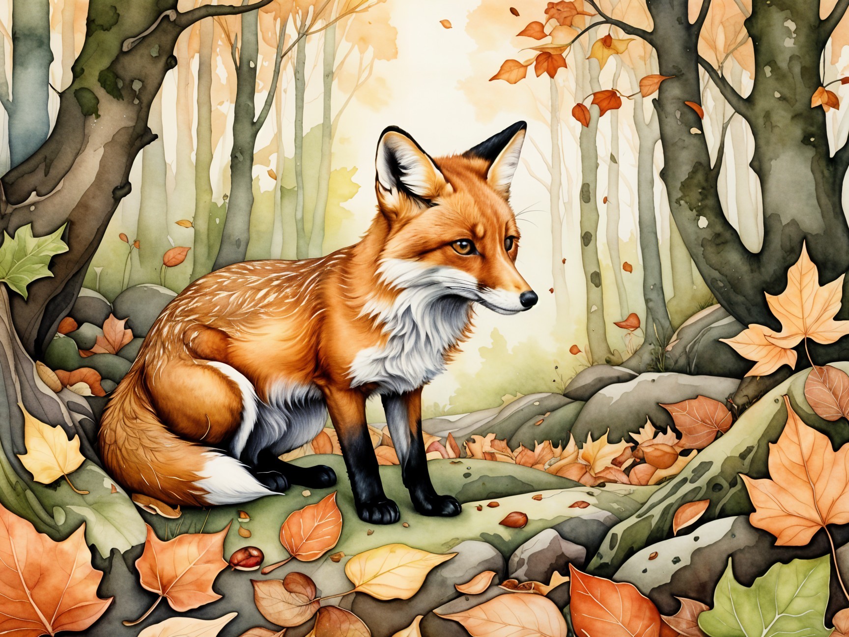 Autumn Forest Scene with a Red Fox Among Leaves