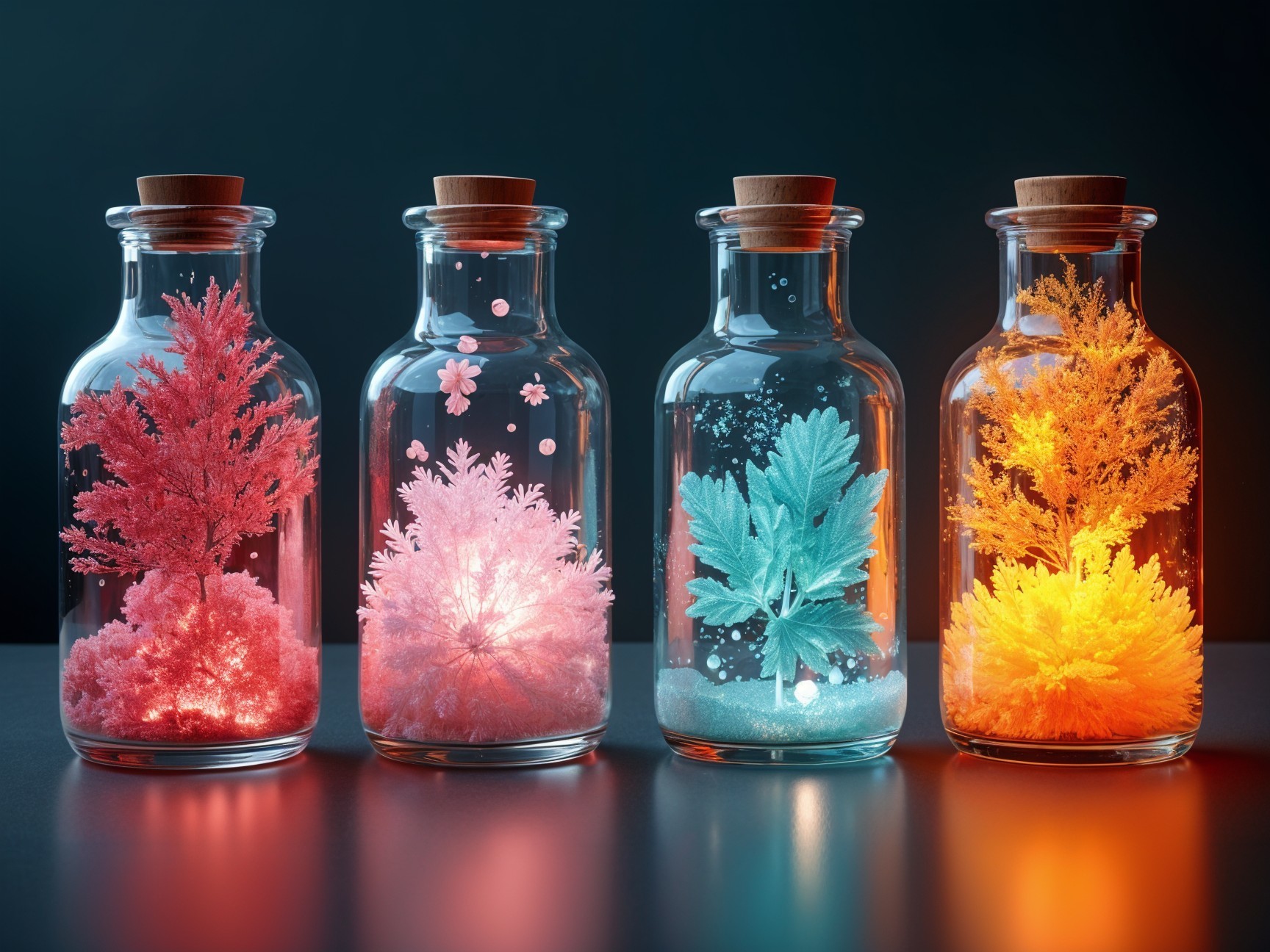 Vibrant Glass Bottles with Luminescent Plants