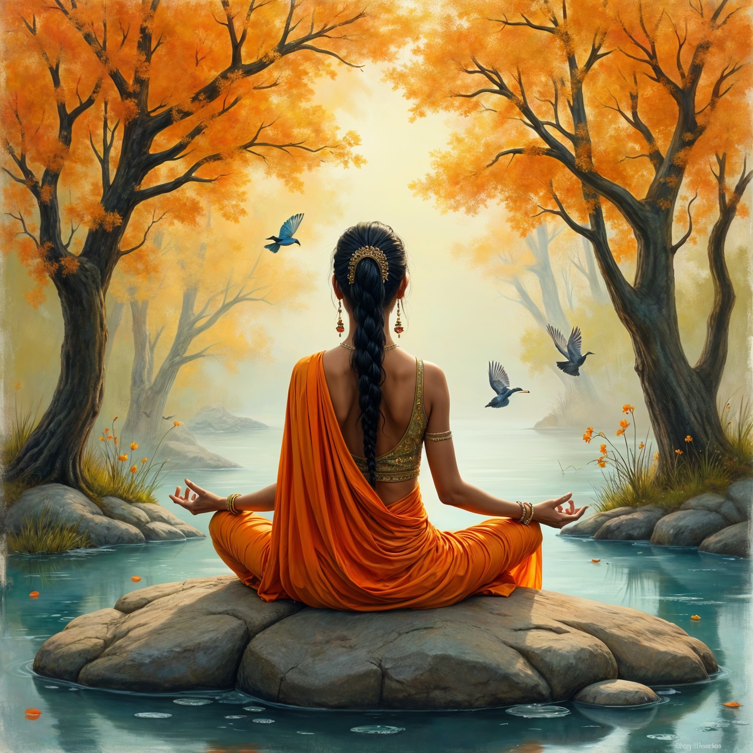 Meditation Scene with Woman by Tranquil River