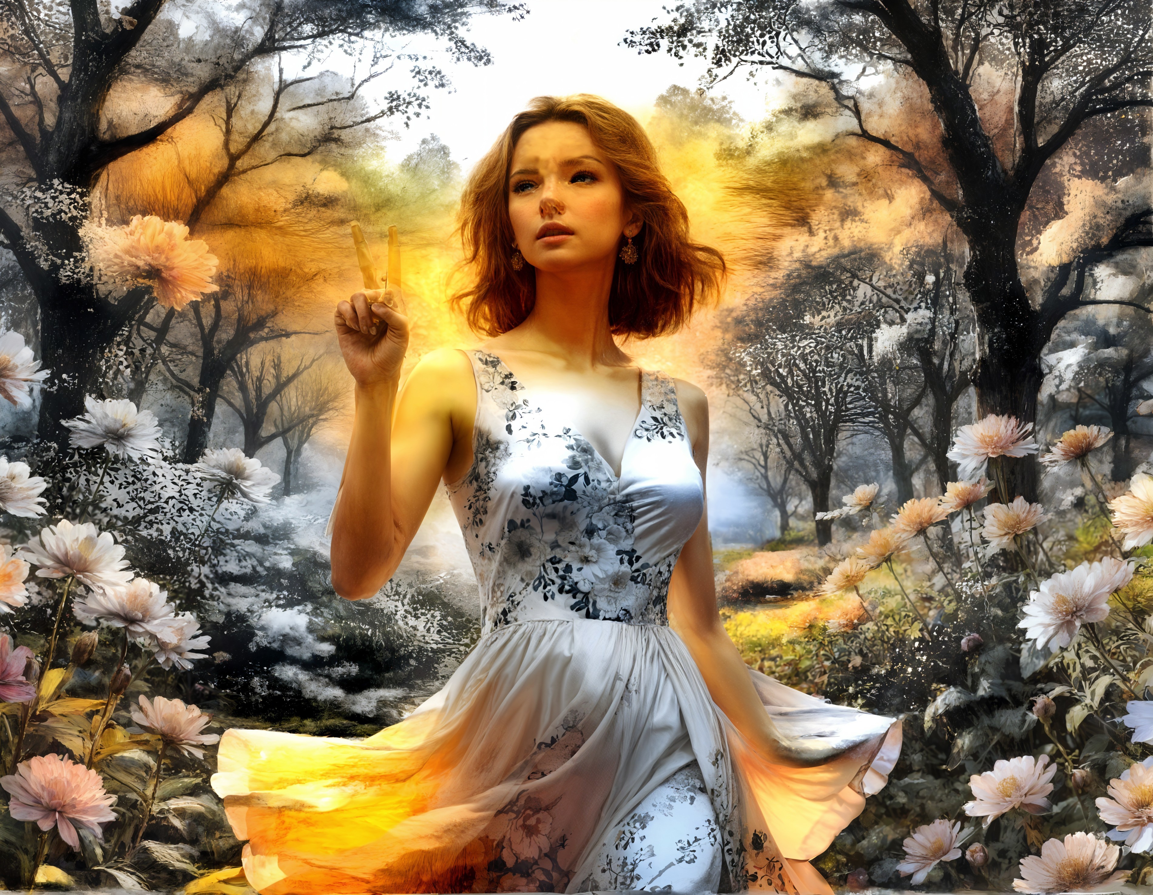 Young woman in whimsical forest with blooming flowers