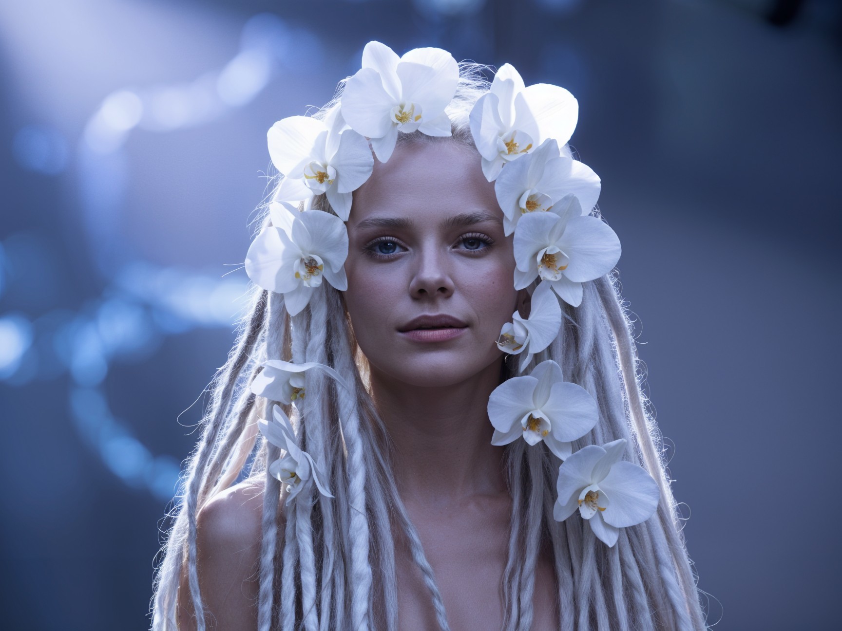 Woman with White Dreadlocks and Orchid Crown