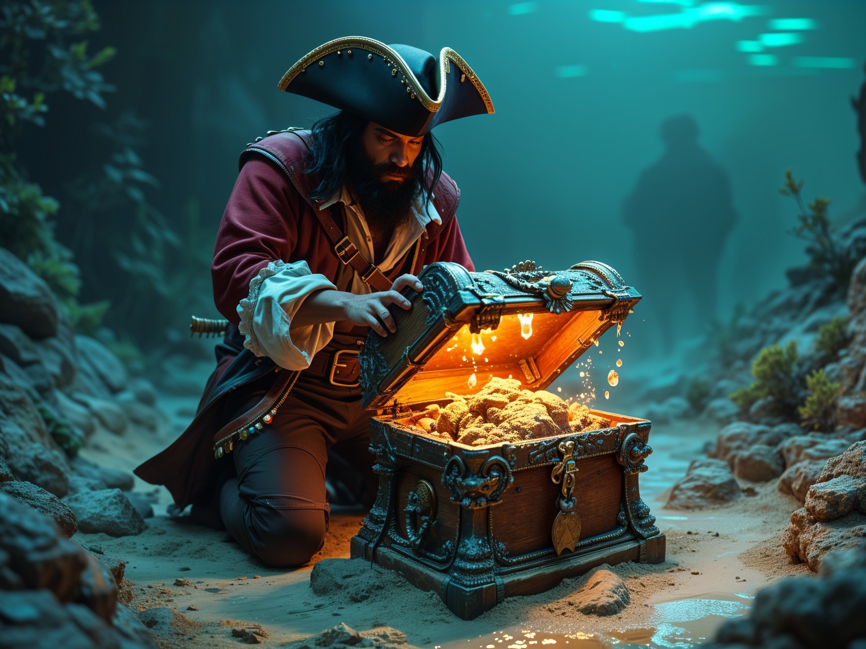 Pirate Kneeling Before Open Treasure Chest Underwater