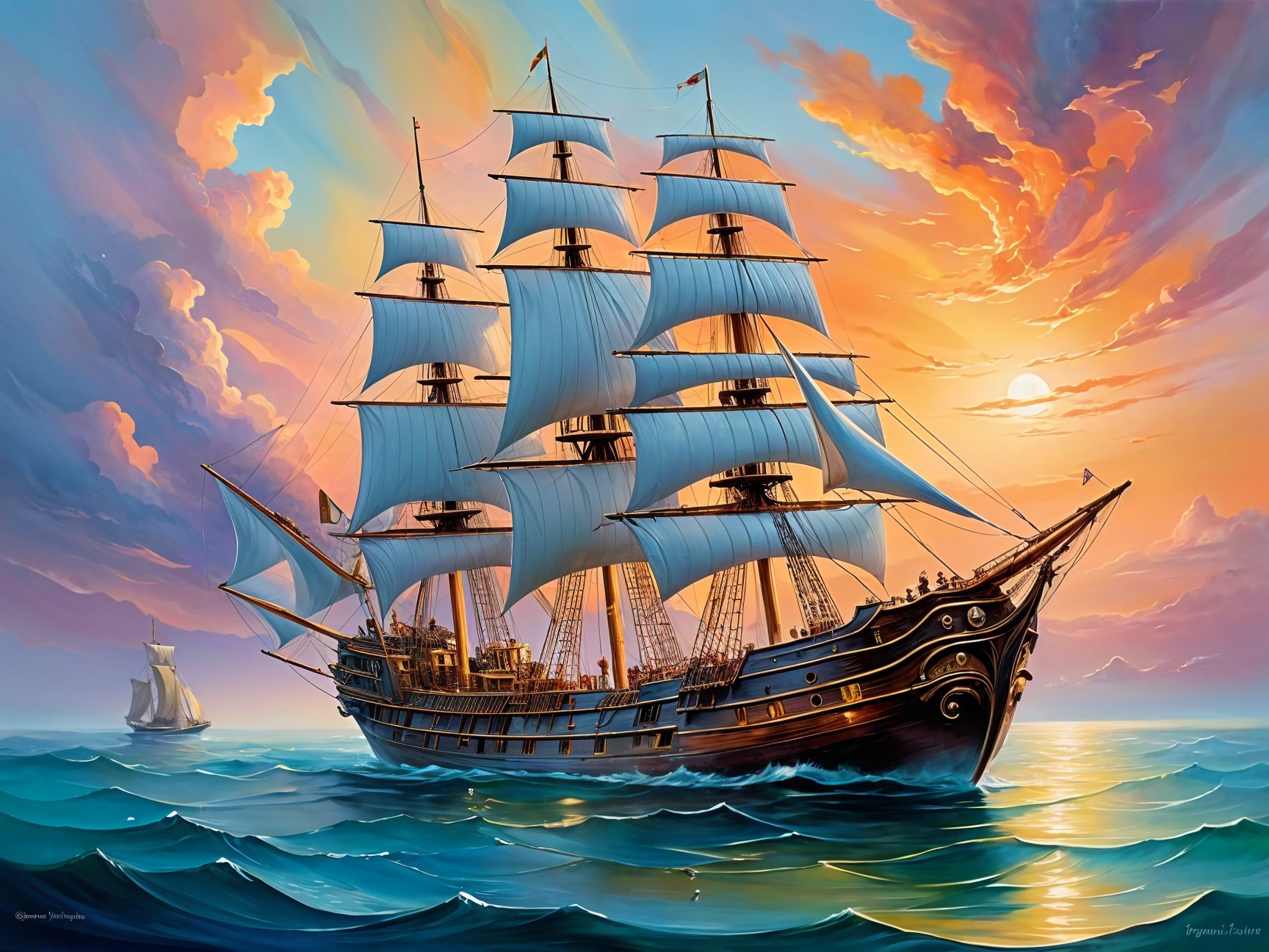 Wooden pirate ship sailing through vibrant ocean sunset