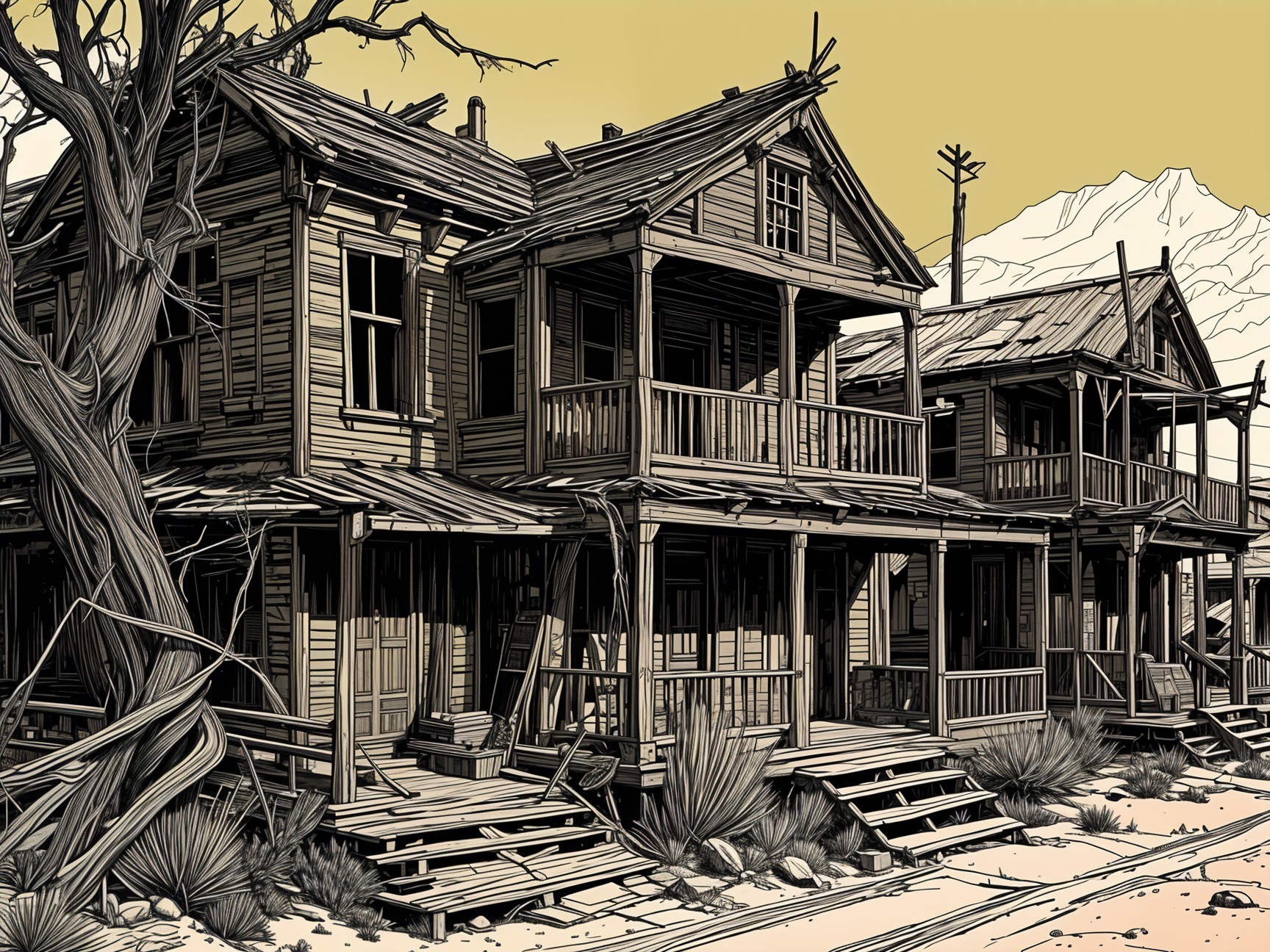 Abandoned Wooden Houses in a Desolate Landscape