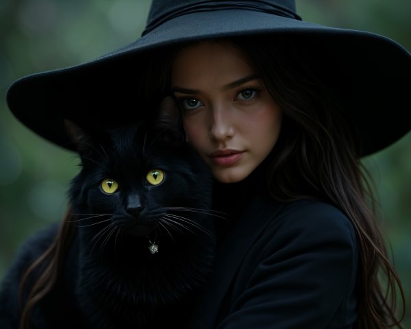 Young woman in black hat holding a sleek black cat
