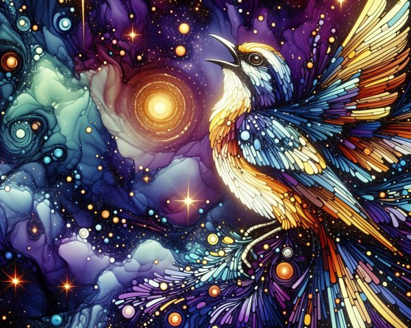 Stylized Bird Against Cosmic Galaxy Backdrop
