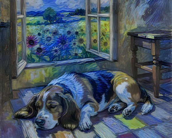 Serene Interior with Sleeping Beagle and Scenic View