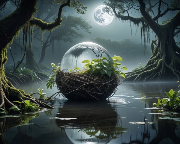 Moonlit Forest with Glass Orb on Tranquil Water