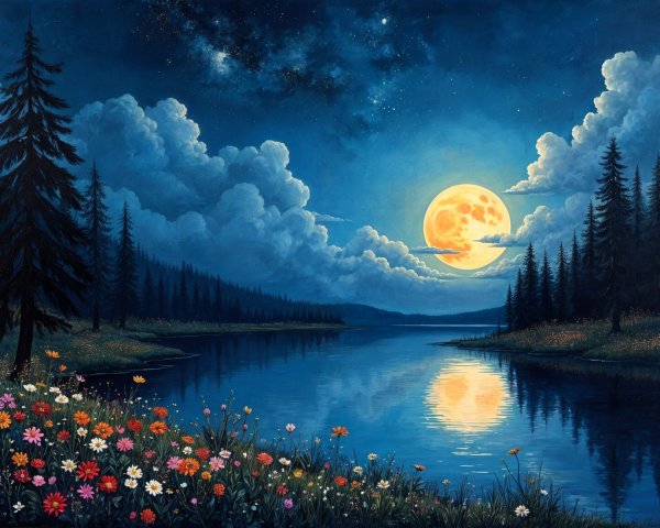Serene Night Landscape with Full Moon and Calm Lake