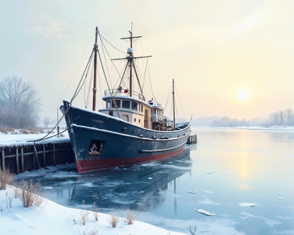 Rustic Tugboat Moored in Serene Winter Landscape