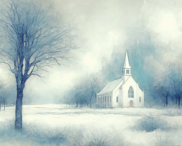 Watercolor Digital Painting of a Snowy Church Scene