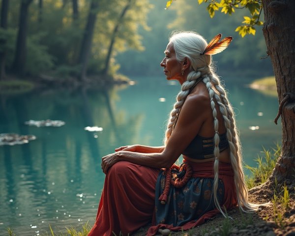 Woman by Tranquil River in Flowing Red Skirt