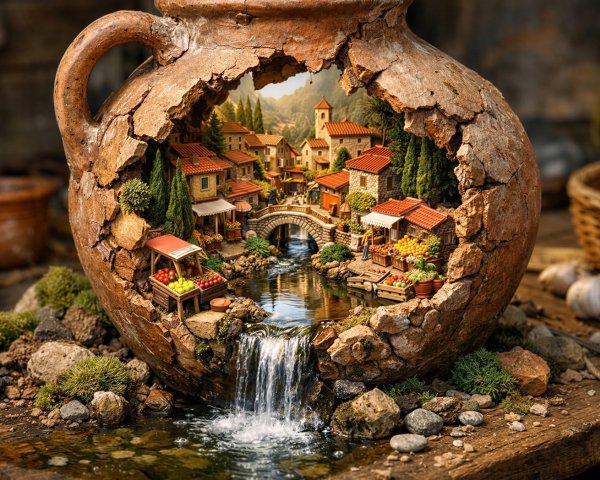 Miniature Village Scene in a Terracotta Clay Pot