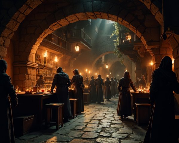 Medieval Tavern Scene with Cloaked Figures and Lanterns