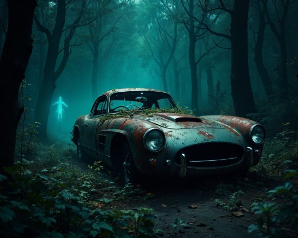 Abandoned Sports Car Surrounded by Misty Forest and Vines