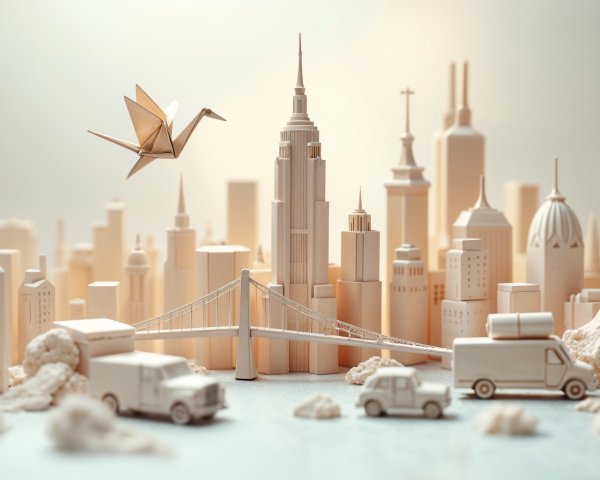 Whimsical Cityscape with Paper Buildings and Origami Crane