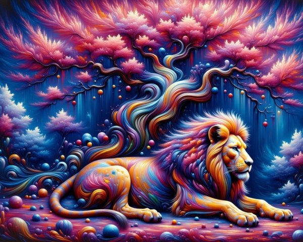 Surreal Lion Under Colorful Tree in Dreamlike Landscape