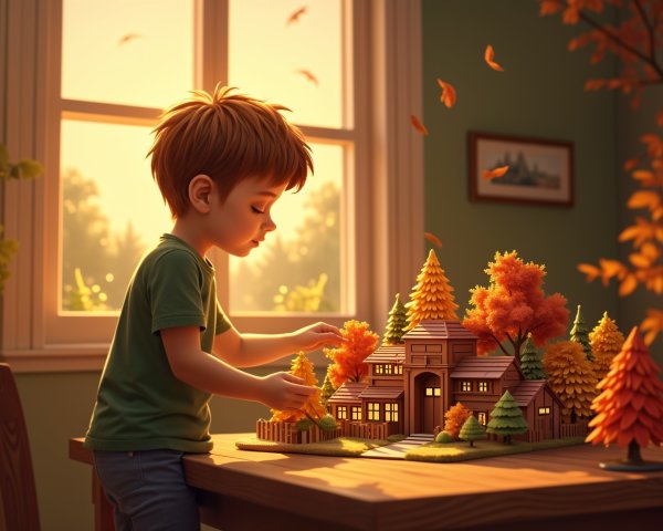 Young boy arranges autumn trees around dollhouse scene