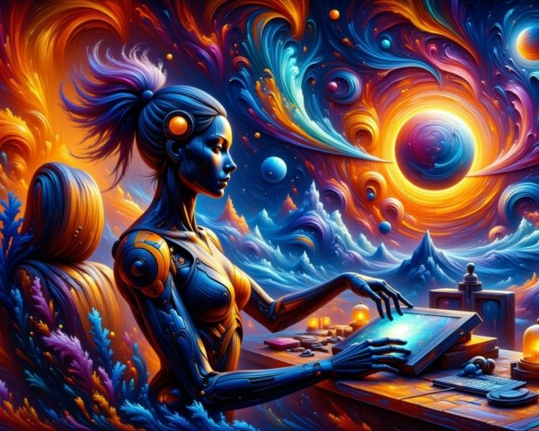 Futuristic humanoid robot in cosmic landscape setting