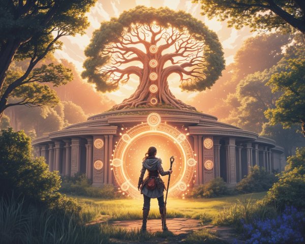Mystical Figure at Ancient Temple with Luminous Tree