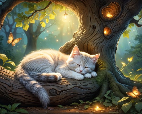 Fluffy White Cat Sleeping in a Forest Glade