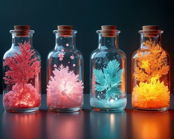Vibrant Glass Bottles with Luminescent Plants