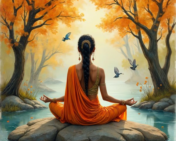 Meditation Scene with Woman by Tranquil River