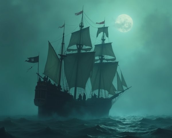Majestic Pirate Ship Sailing Under Full Moon