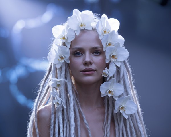 Woman with White Dreadlocks and Orchid Crown