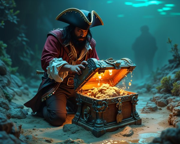 Pirate Kneeling Before Open Treasure Chest Underwater