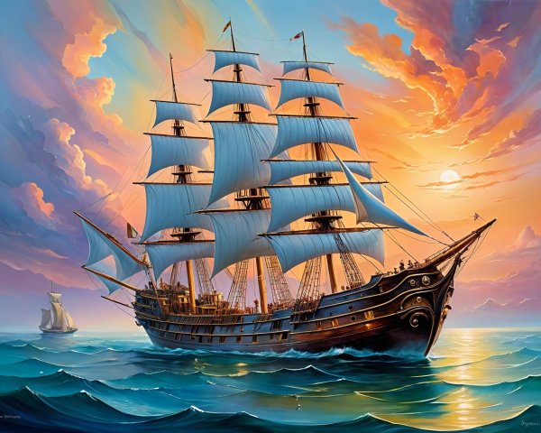 Wooden pirate ship sailing through vibrant ocean sunset