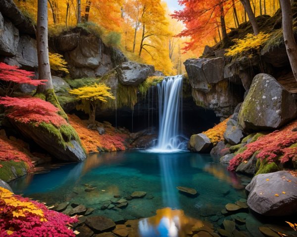 Serene Waterfall Surrounded by Autumn Foliage